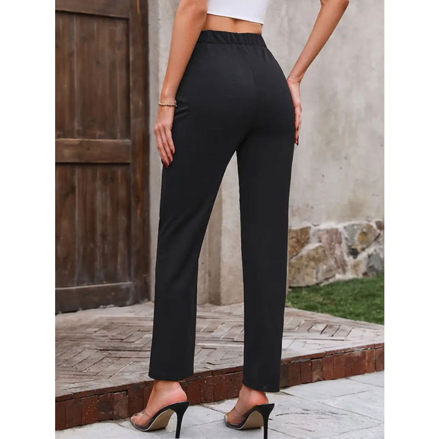 Decorative Button Elastic Waist Pants Apparel and Accessories