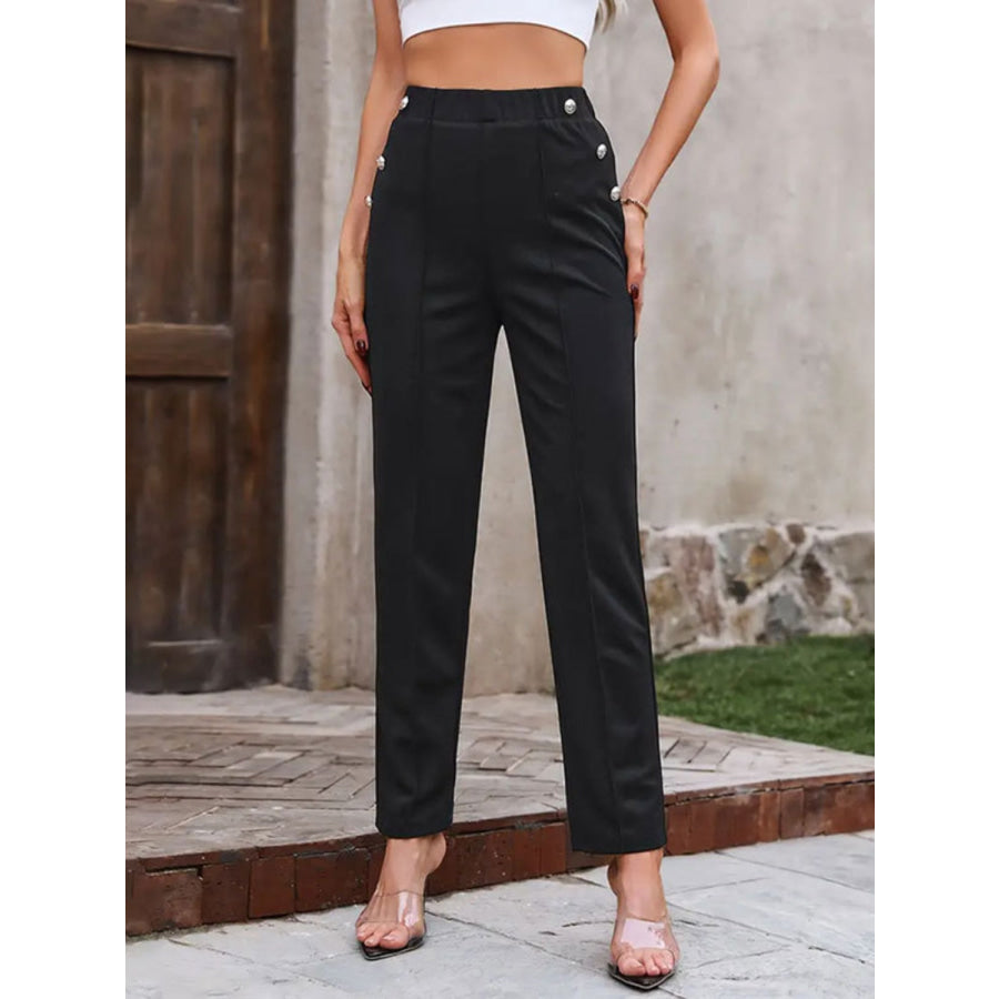 Decorative Button Elastic Waist Pants Apparel and Accessories