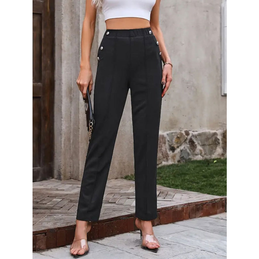 Decorative Button Elastic Waist Pants Black / S Apparel and Accessories