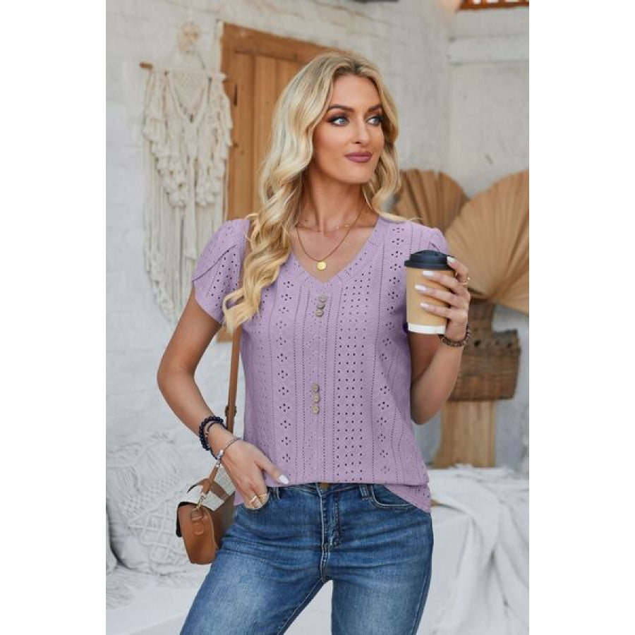Decorative Button Eyelet V - Neck Short Sleeve T - Shirt Apparel and Accessories