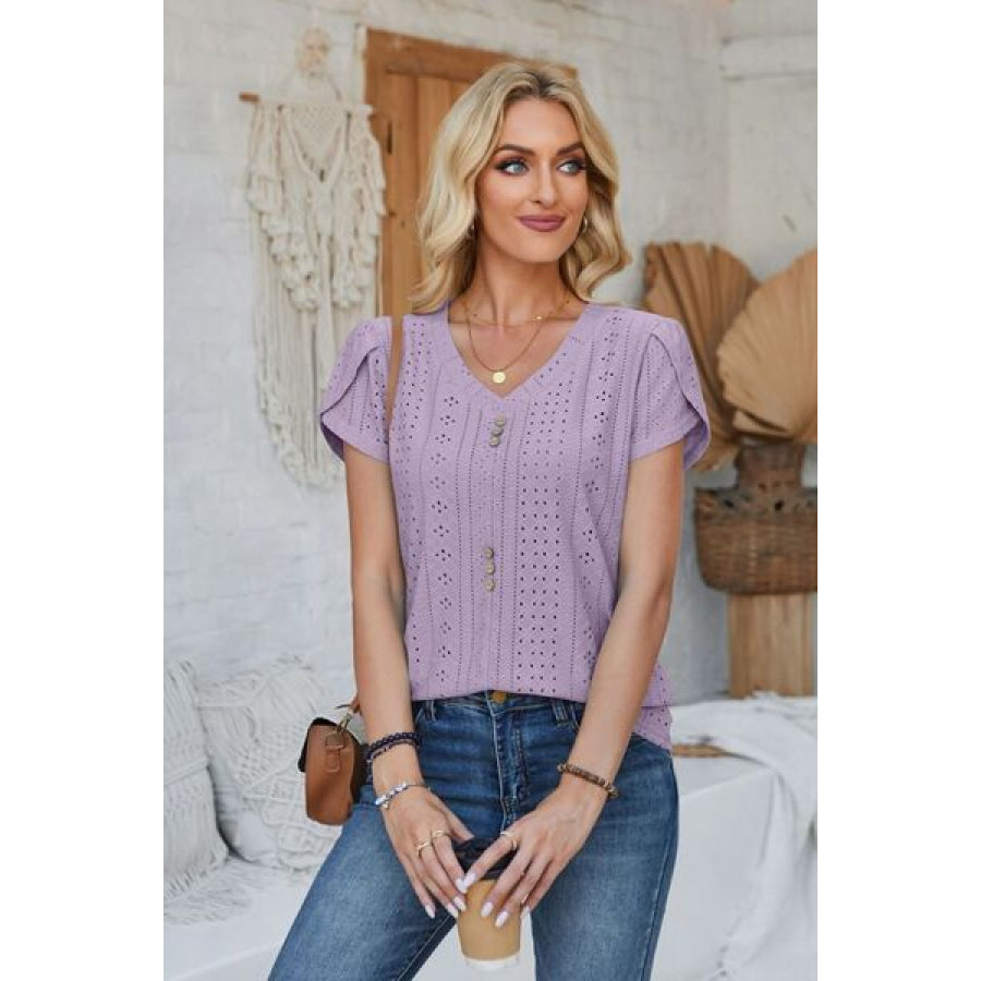 Decorative Button Eyelet V - Neck Short Sleeve T - Shirt Apparel and Accessories