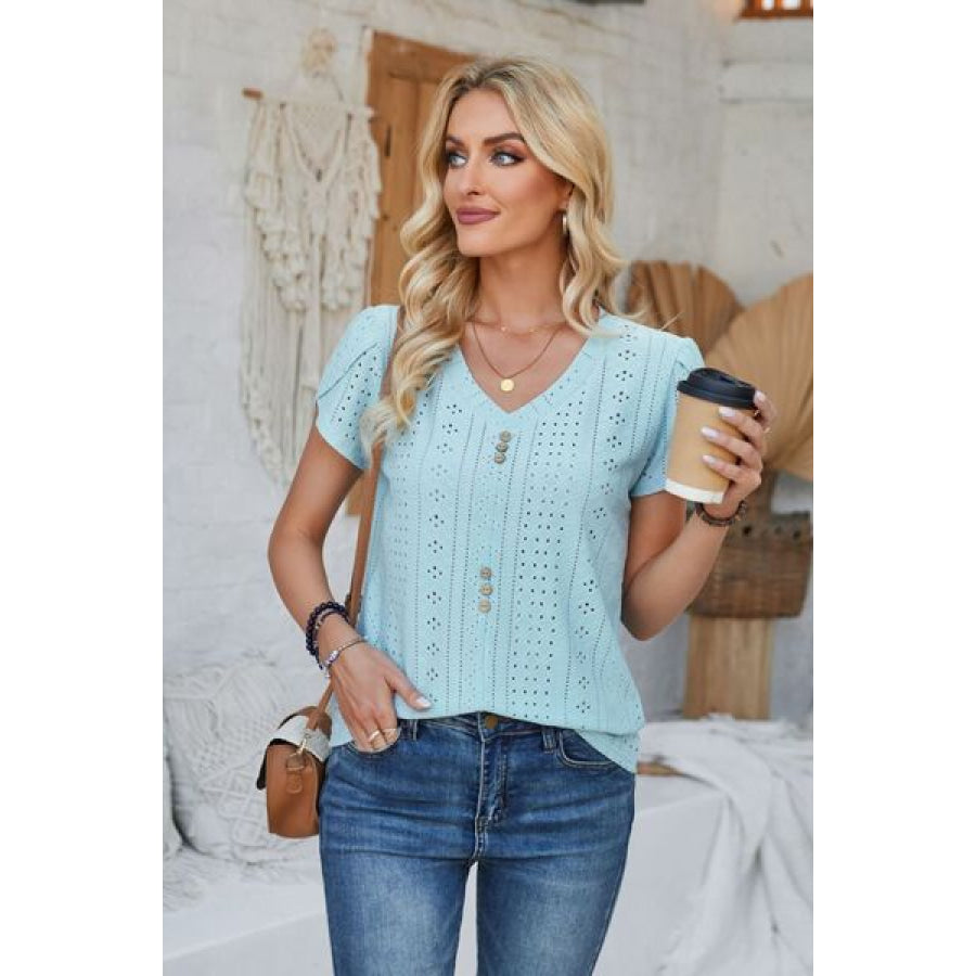 Decorative Button Eyelet V - Neck Short Sleeve T - Shirt Apparel and Accessories