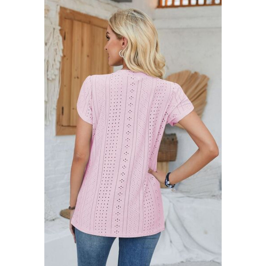 Decorative Button Eyelet V - Neck Short Sleeve T - Shirt Apparel and Accessories