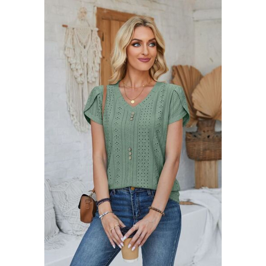 Decorative Button Eyelet V - Neck Short Sleeve T - Shirt Apparel and Accessories