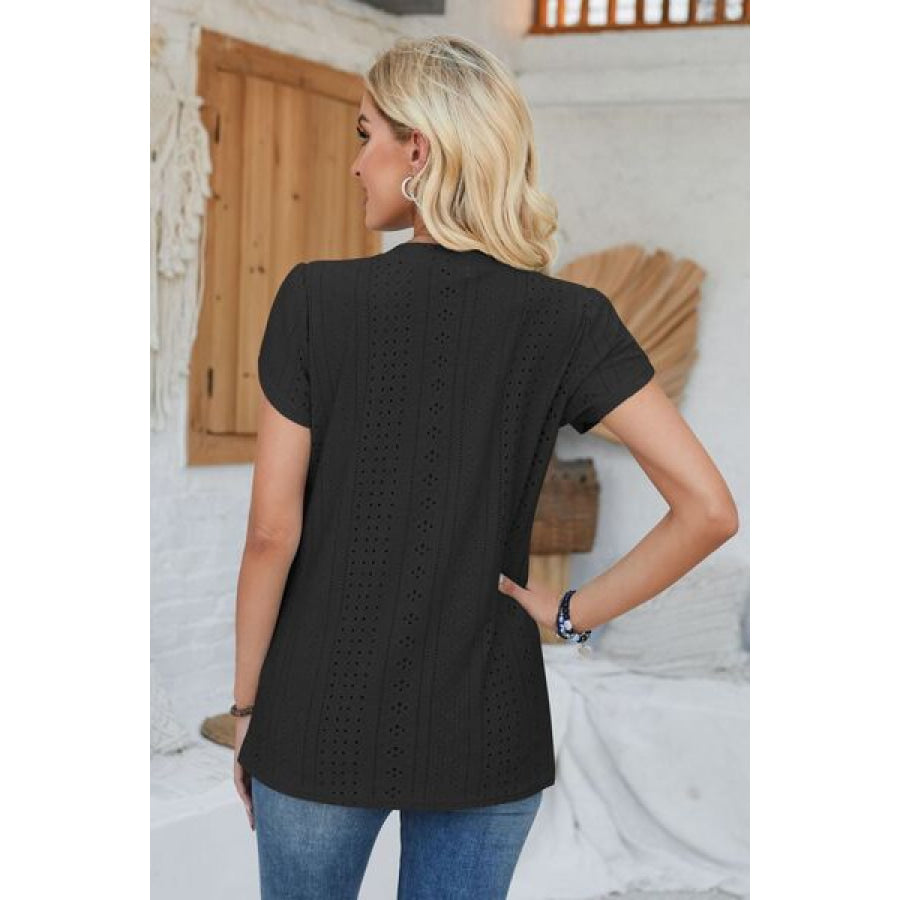 Decorative Button Eyelet V - Neck Short Sleeve T - Shirt Apparel and Accessories
