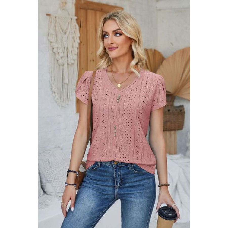 Decorative Button Eyelet V - Neck Short Sleeve T - Shirt Apparel and Accessories