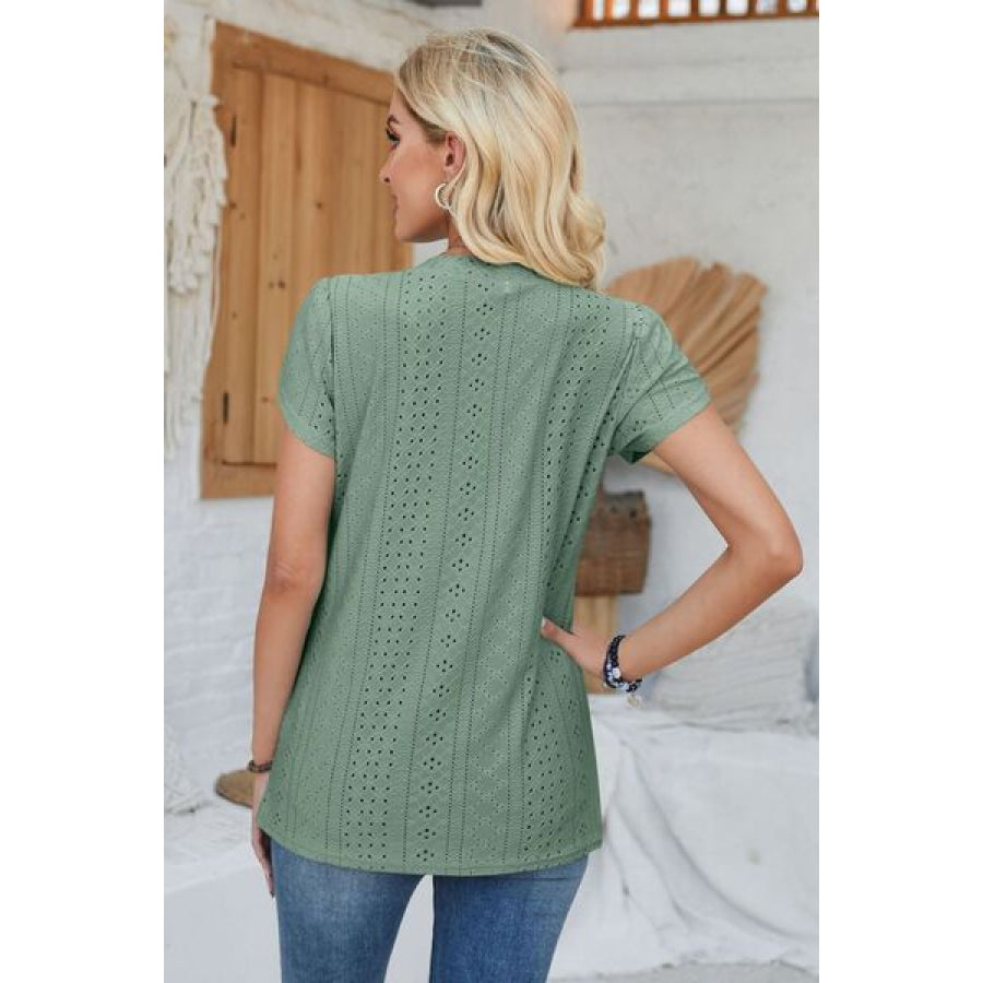 Decorative Button Eyelet V - Neck Short Sleeve T - Shirt Apparel and Accessories