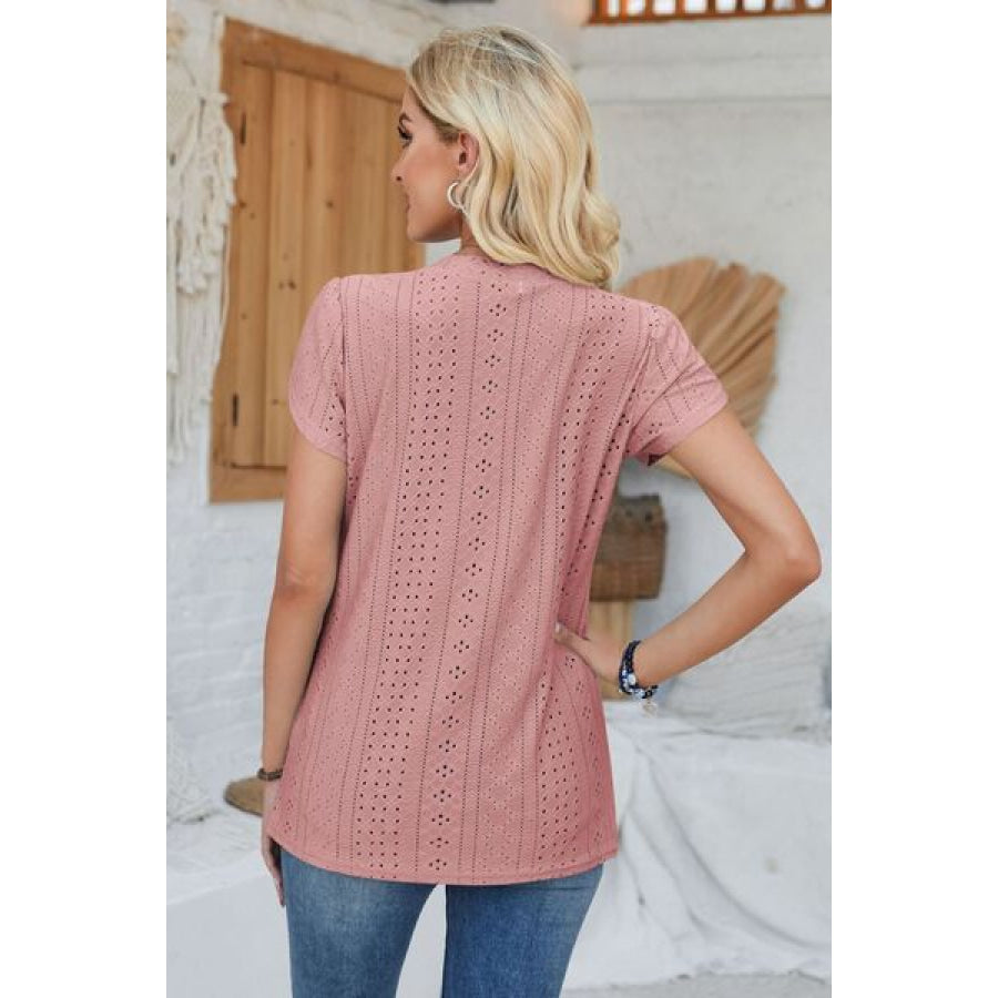 Decorative Button Eyelet V - Neck Short Sleeve T - Shirt Apparel and Accessories