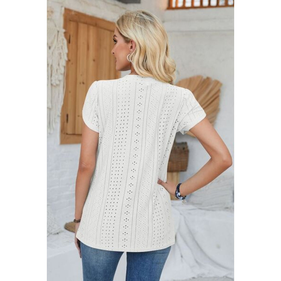 Decorative Button Eyelet V - Neck Short Sleeve T - Shirt Apparel and Accessories