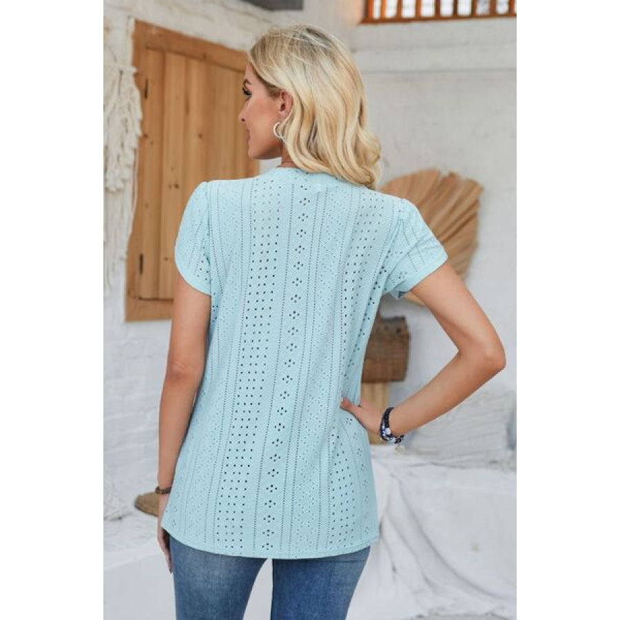 Decorative Button Eyelet V - Neck Short Sleeve T - Shirt Apparel and Accessories