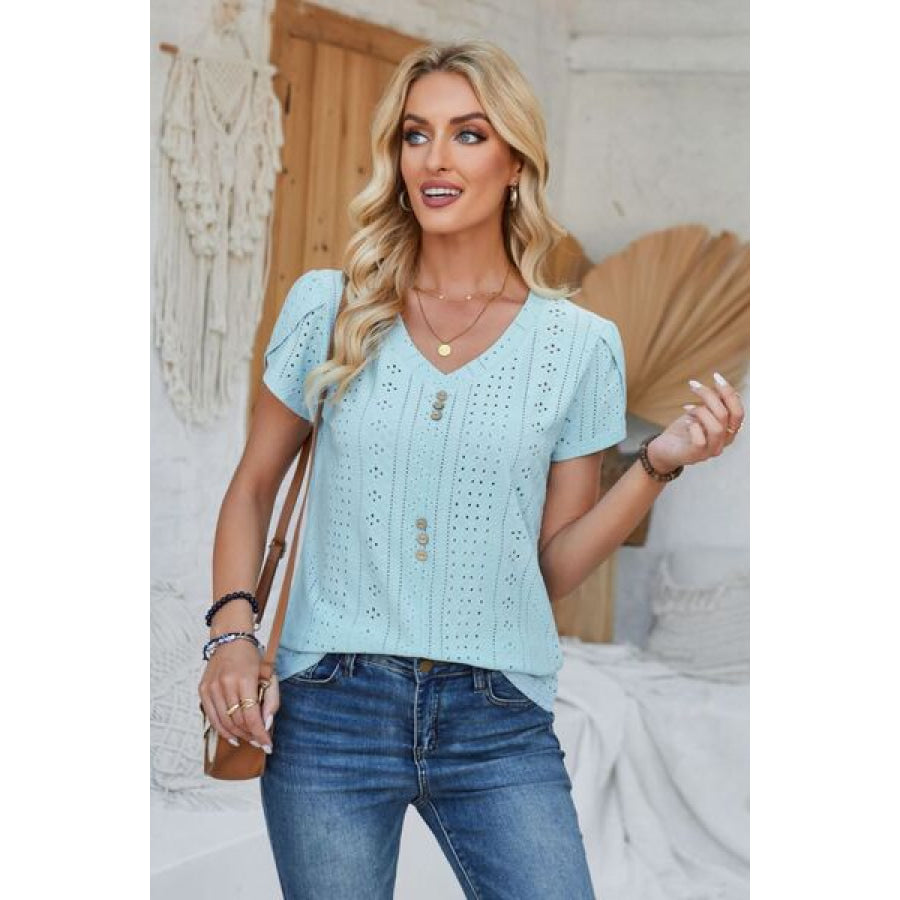 Decorative Button Eyelet V - Neck Short Sleeve T - Shirt Apparel and Accessories