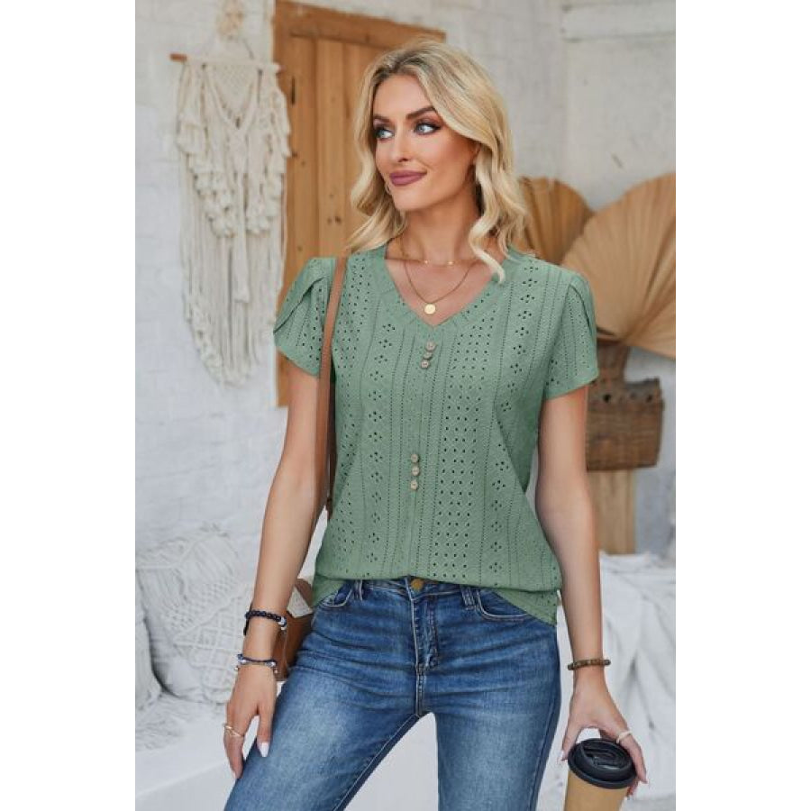 Decorative Button Eyelet V - Neck Short Sleeve T - Shirt Apparel and Accessories