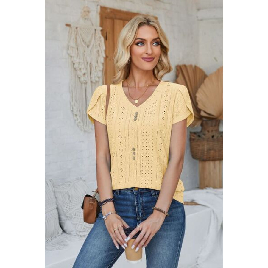 Decorative Button Eyelet V - Neck Short Sleeve T - Shirt Apparel and Accessories