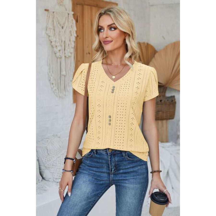 Decorative Button Eyelet V - Neck Short Sleeve T - Shirt Apparel and Accessories