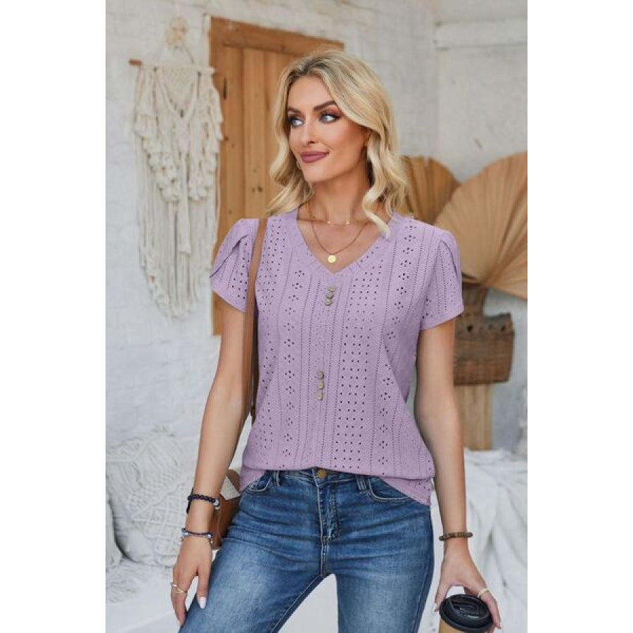 Decorative Button Eyelet V - Neck Short Sleeve T - Shirt Apparel and Accessories