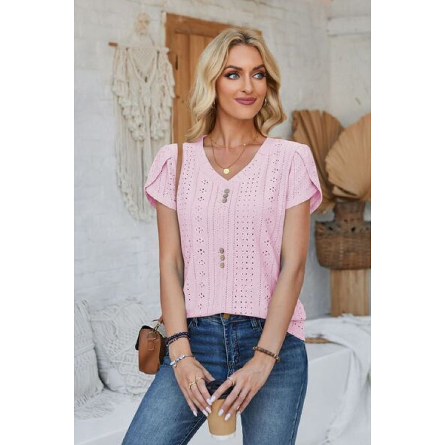 Decorative Button Eyelet V - Neck Short Sleeve T - Shirt Apparel and Accessories