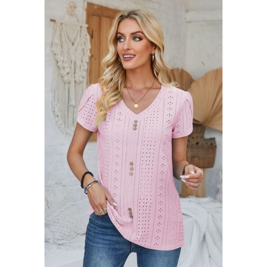 Decorative Button Eyelet V - Neck Short Sleeve T - Shirt Blush Pink / S Apparel and Accessories