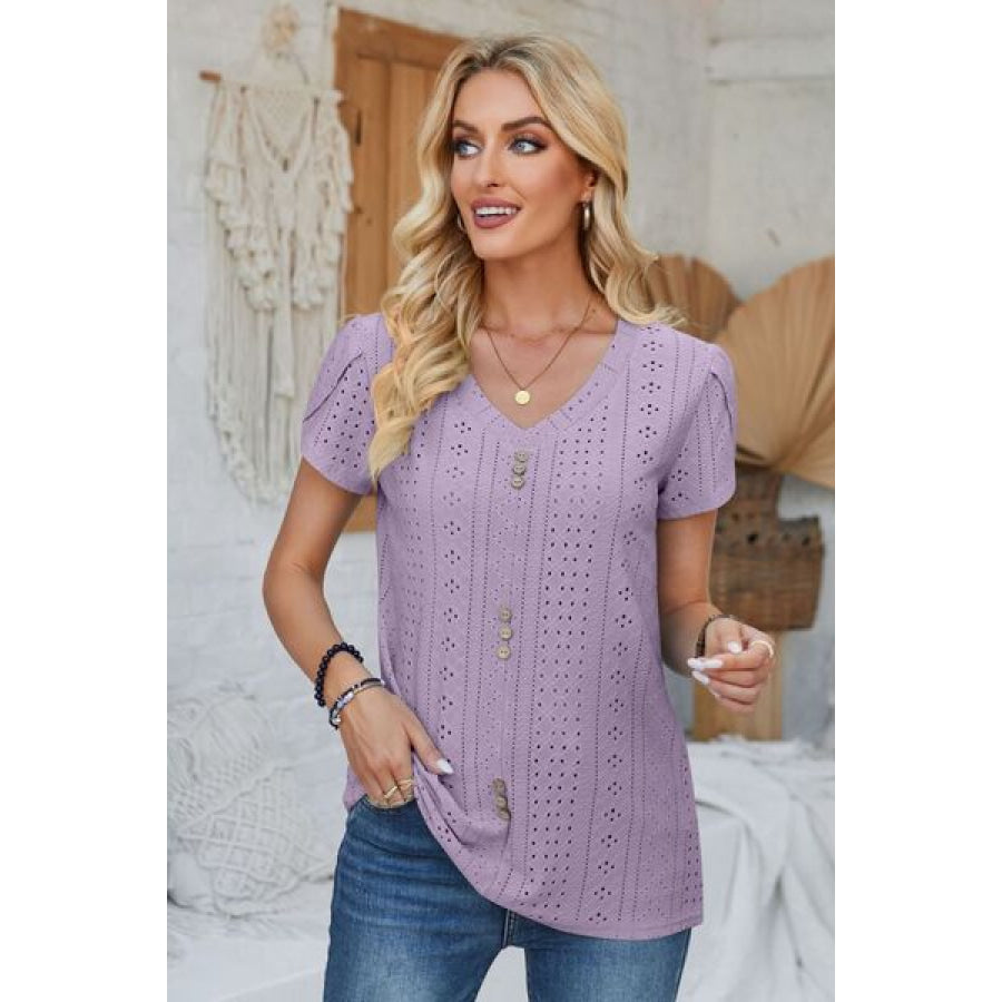 Decorative Button Eyelet V - Neck Short Sleeve T - Shirt Lavender / S Apparel and Accessories
