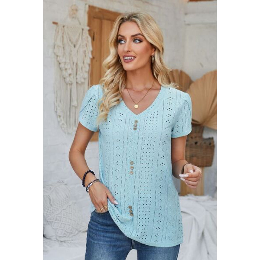 Decorative Button Eyelet V - Neck Short Sleeve T - Shirt Pastel Blue / S Apparel and Accessories