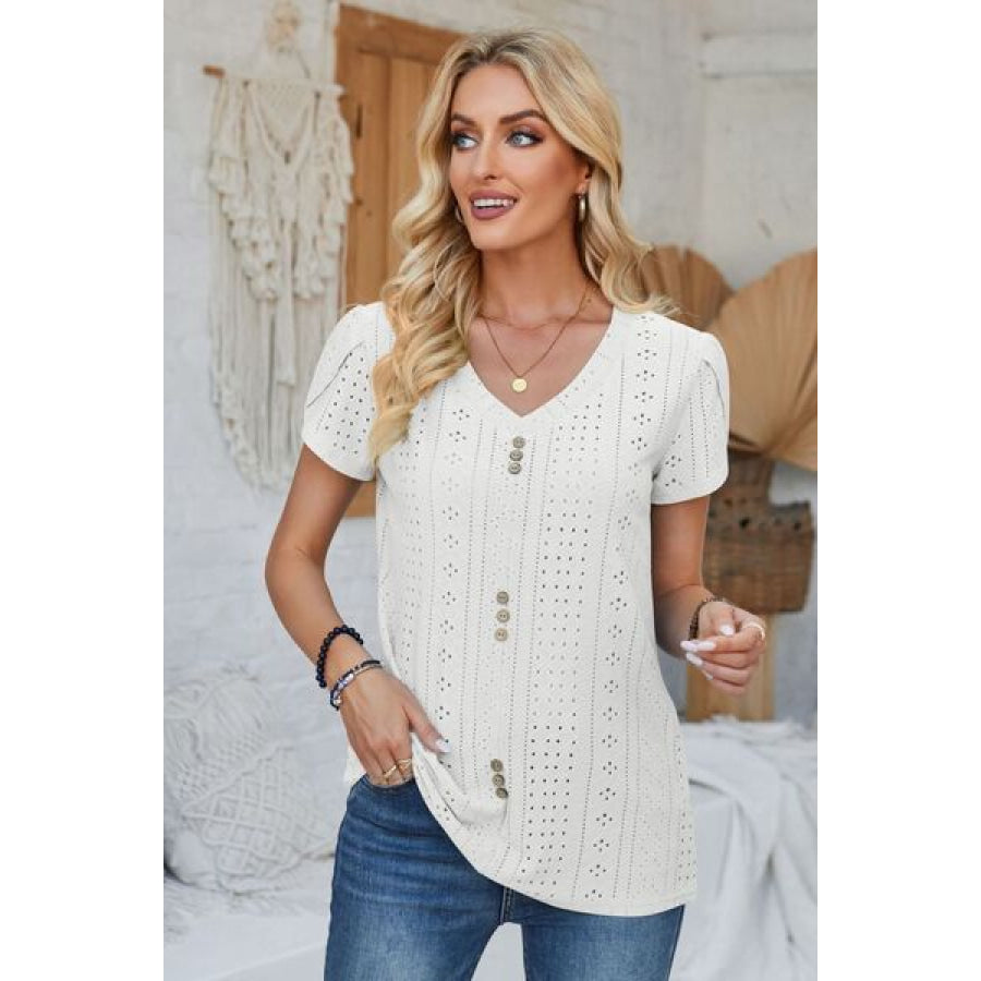 Decorative Button Eyelet V - Neck Short Sleeve T - Shirt White / S Apparel and Accessories
