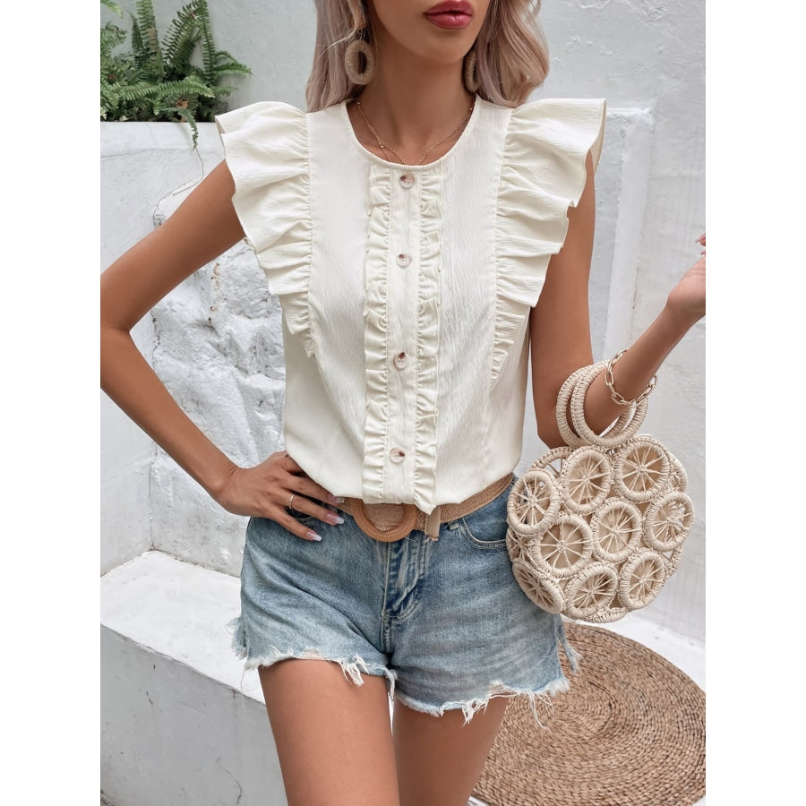 Decorative Button Frill Trim Round Neck Top