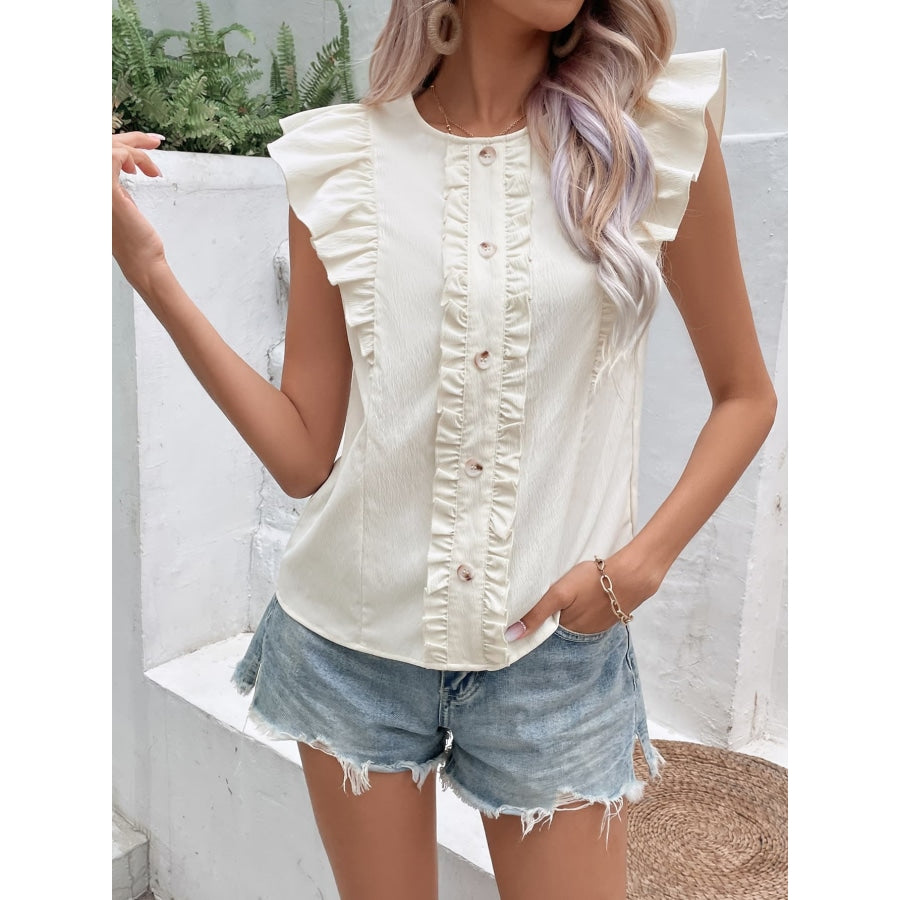 Decorative Button Frill Trim Round Neck Top