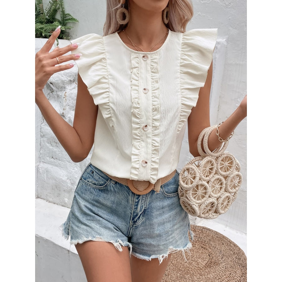 Decorative Button Frill Trim Round Neck Top