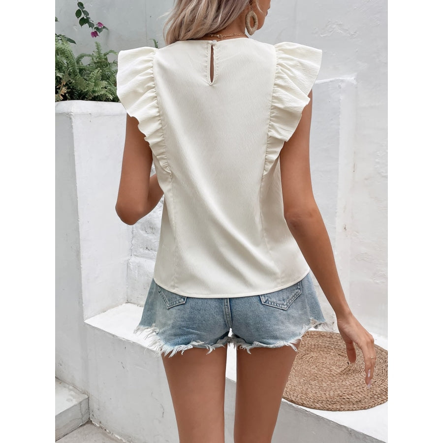 Decorative Button Frill Trim Round Neck Top