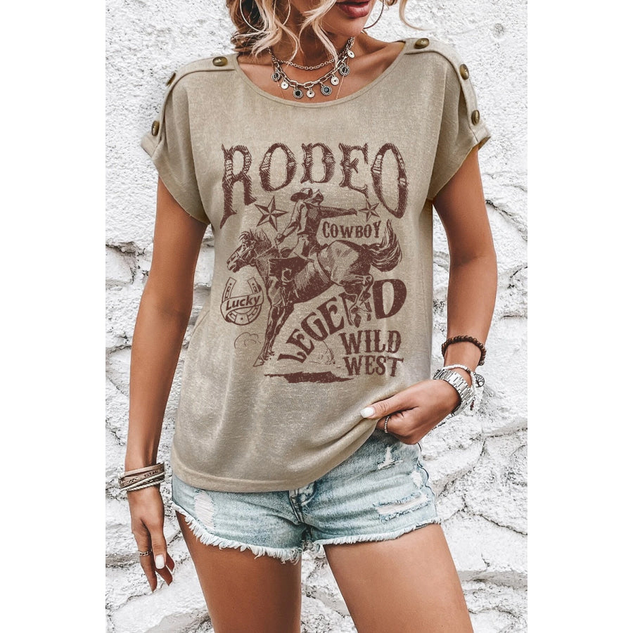 Decorative Button Graphic Round Neck Short Sleeve T-Shirt Khaki / S Apparel and Accessories