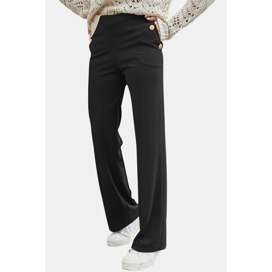 Decorative Button High Rise Pants Black / S Apparel and Accessories