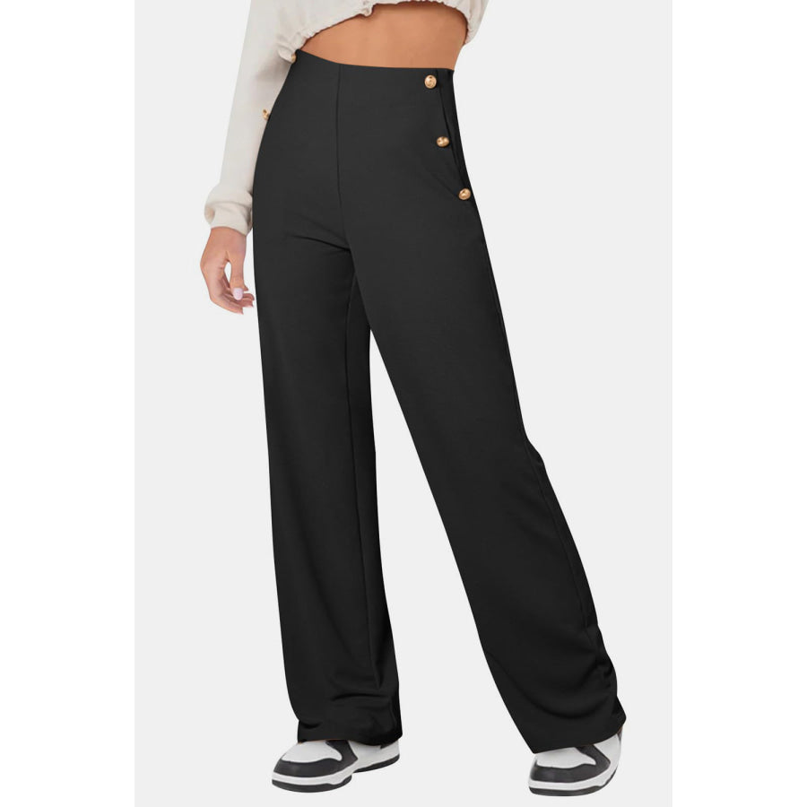 Decorative Button High Rise Pants Black / S Apparel and Accessories