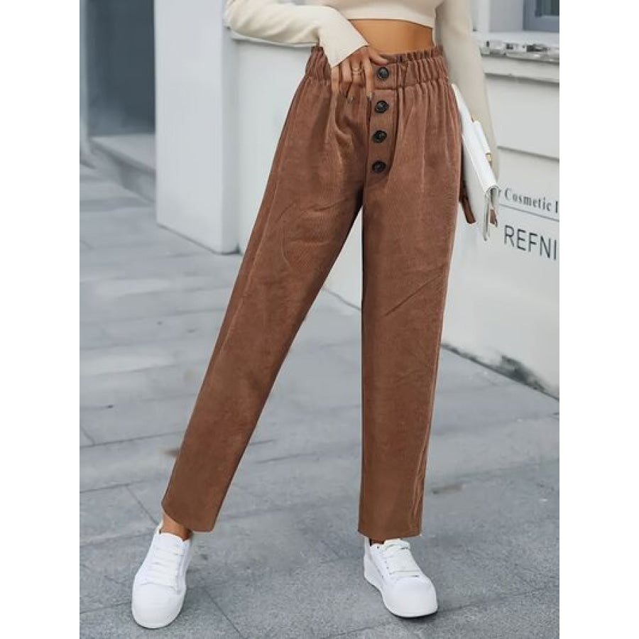 Decorative Button High Waist Pants Chestnut / S Apparel and Accessories