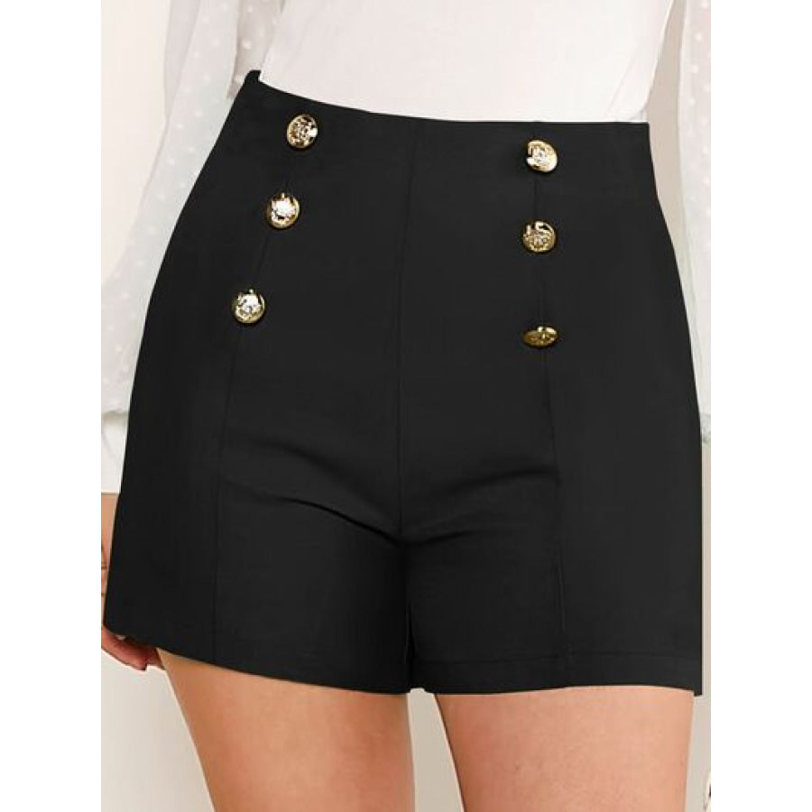 Decorative Button High Waist Shorts Black / S Apparel and Accessories