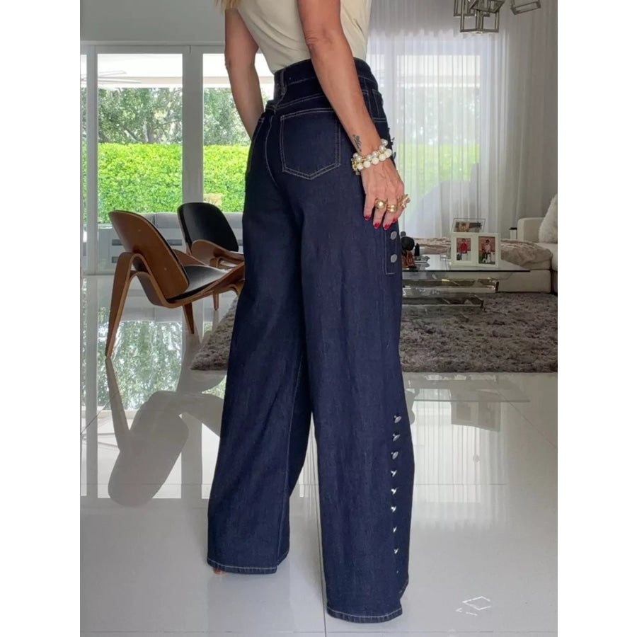 Decorative Button High-Waisted Wide-Leg Jeans Apparel and Accessories
