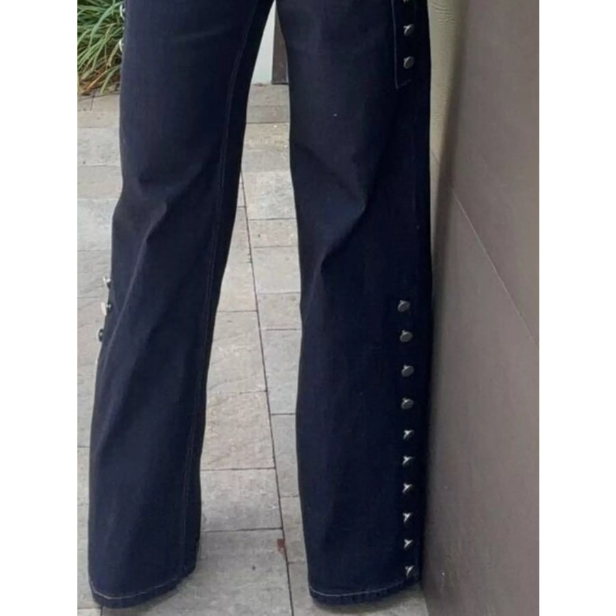 Decorative Button High-Waisted Wide-Leg Jeans Apparel and Accessories