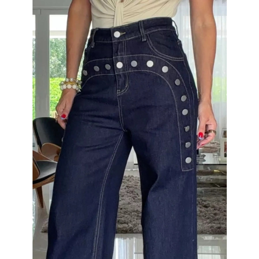Decorative Button High-Waisted Wide-Leg Jeans Apparel and Accessories