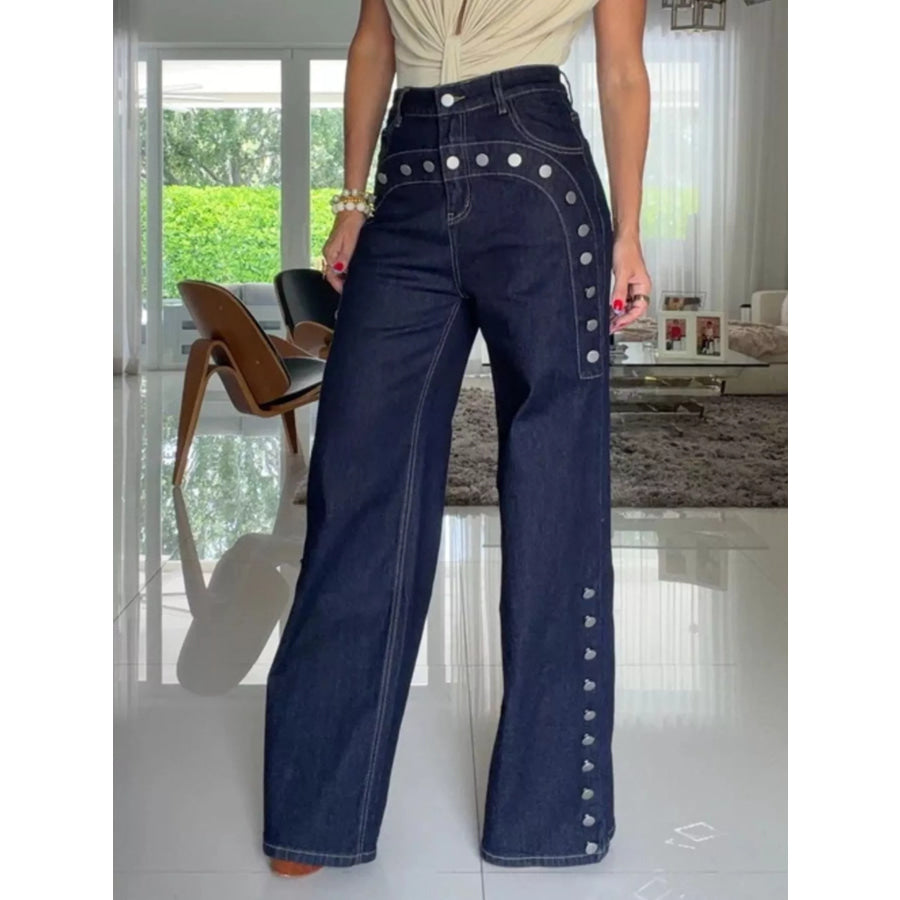Decorative Button High-Waisted Wide-Leg Jeans Dark Blue / S Apparel and Accessories