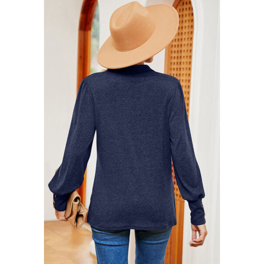 Decorative Button Johnny Collar Lantern Sleeve Blouse Navy / S Apparel and Accessories