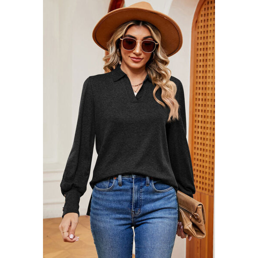 Decorative Button Johnny Collar Lantern Sleeve Blouse Black / S Apparel and Accessories