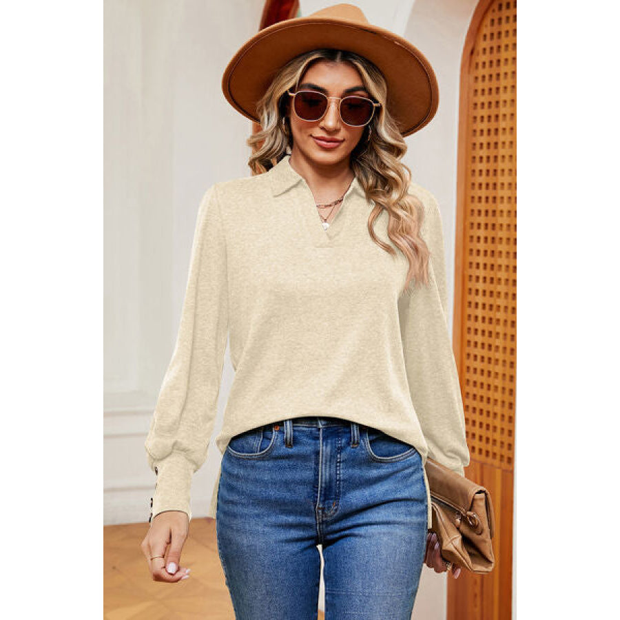 Decorative Button Johnny Collar Lantern Sleeve Blouse Cream / S Apparel and Accessories