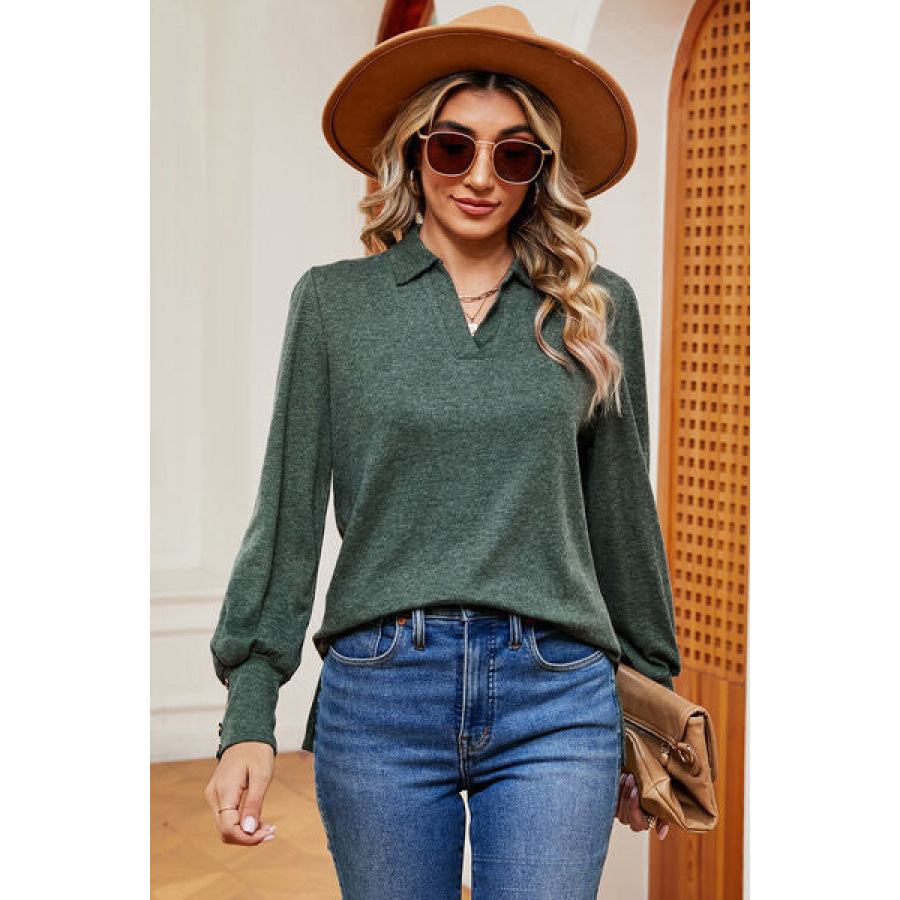 Decorative Button Johnny Collar Lantern Sleeve Blouse Green / S Apparel and Accessories