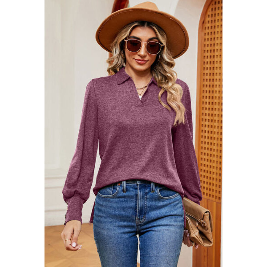 Decorative Button Johnny Collar Lantern Sleeve Blouse Lilac / S Apparel and Accessories