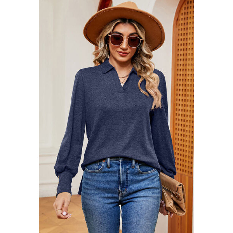 Decorative Button Johnny Collar Lantern Sleeve Blouse Navy / S Apparel and Accessories