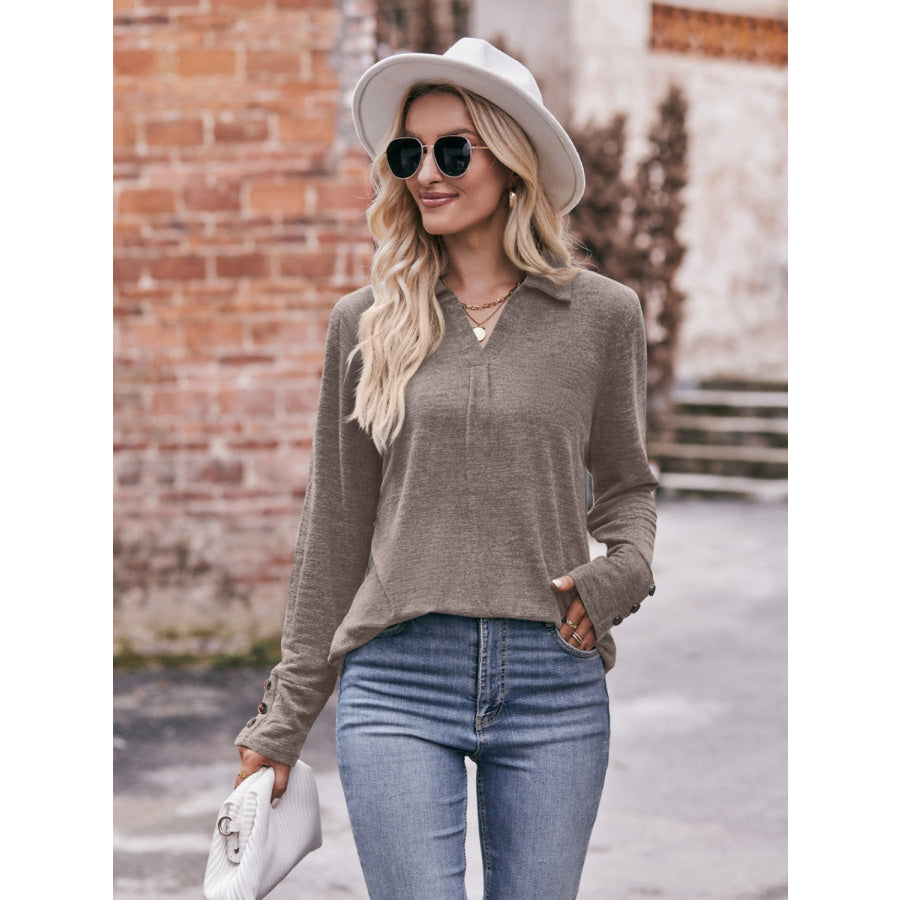 Decorative Button Johnny Collar Long Sleeve Blouse Apparel and Accessories