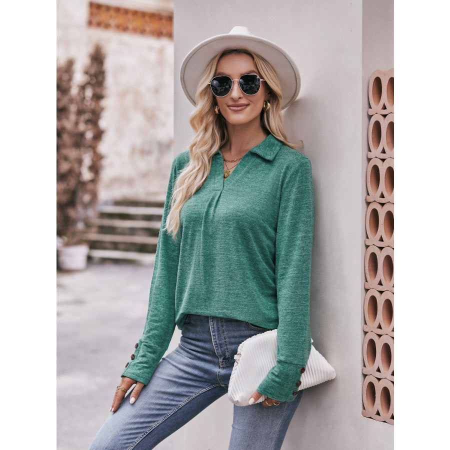 Decorative Button Johnny Collar Long Sleeve Blouse Apparel and Accessories