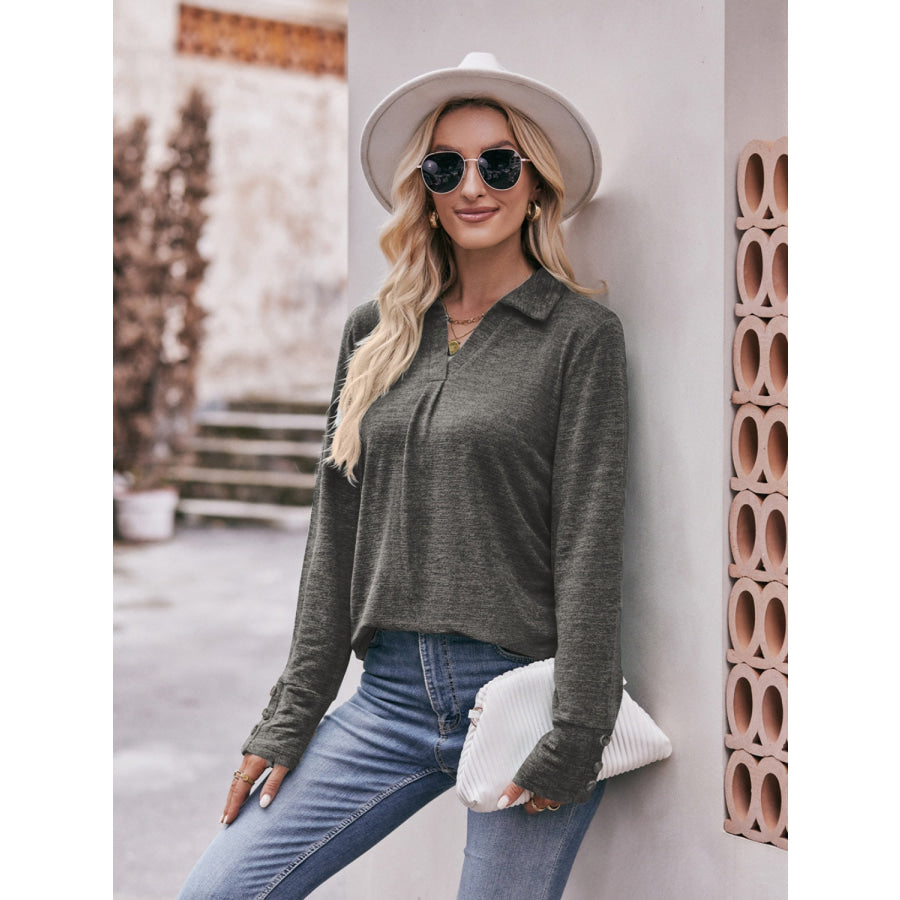 Decorative Button Johnny Collar Long Sleeve Blouse Apparel and Accessories