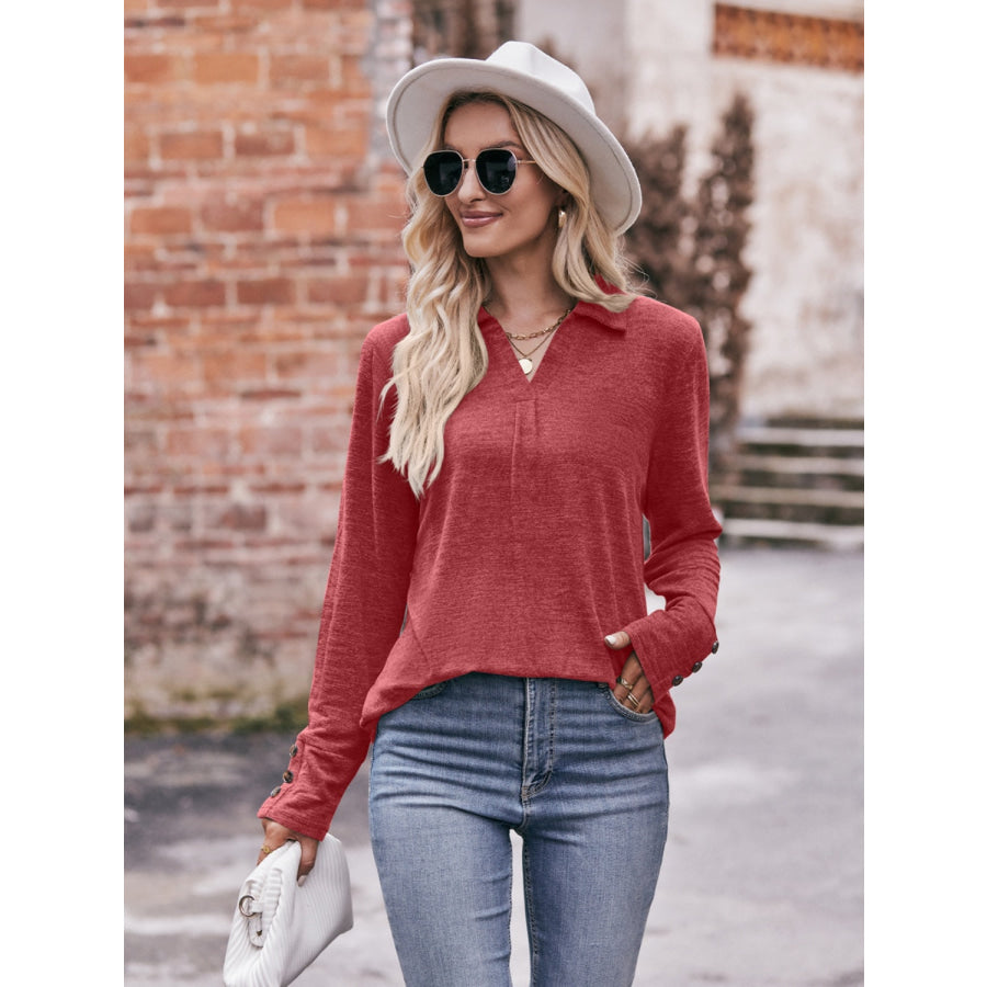 Decorative Button Johnny Collar Long Sleeve Blouse Apparel and Accessories