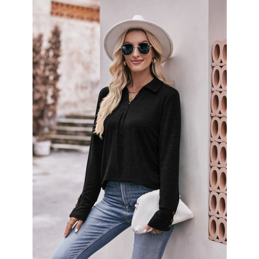 Decorative Button Johnny Collar Long Sleeve Blouse Apparel and Accessories