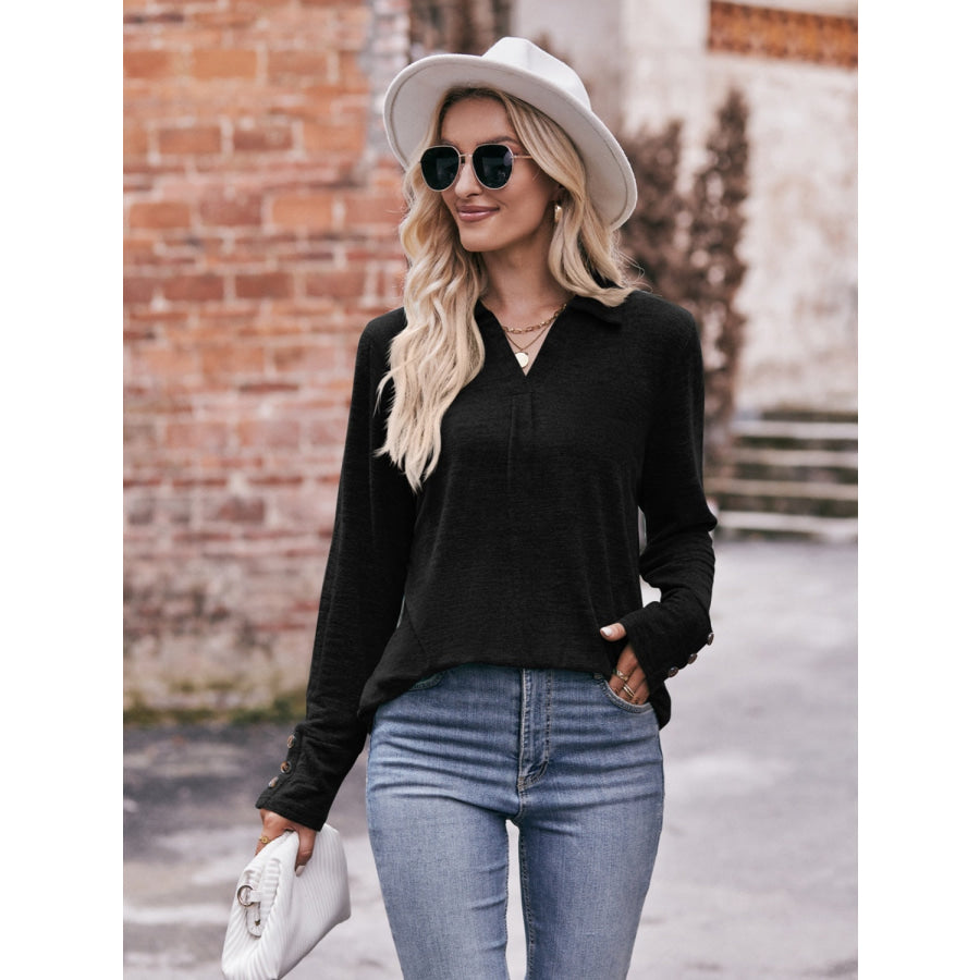 Decorative Button Johnny Collar Long Sleeve Blouse Black / S Apparel and Accessories