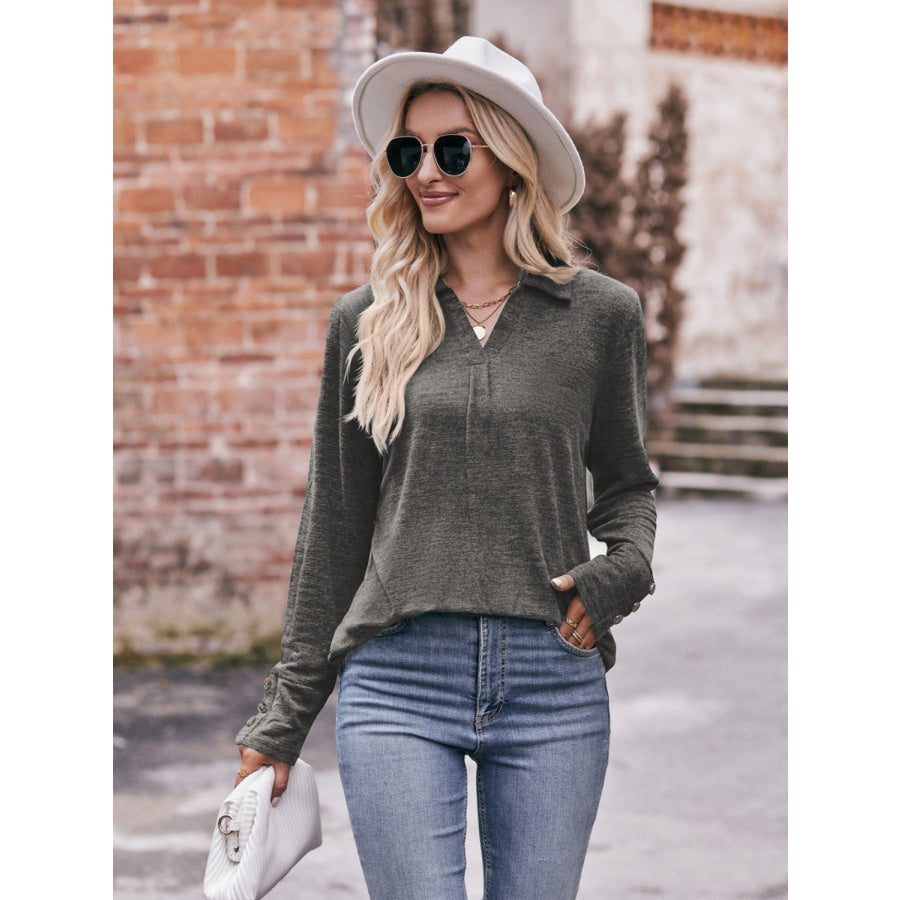 Decorative Button Johnny Collar Long Sleeve Blouse Charcoal / S Apparel and Accessories